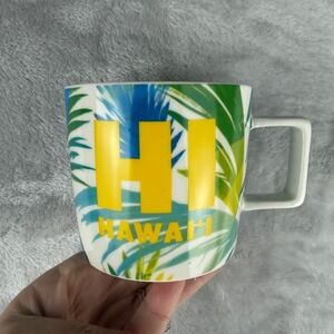 Starbucks Hawaii Hi Tropical Leaves Mug 14 oz Yellow Interior Square Handle